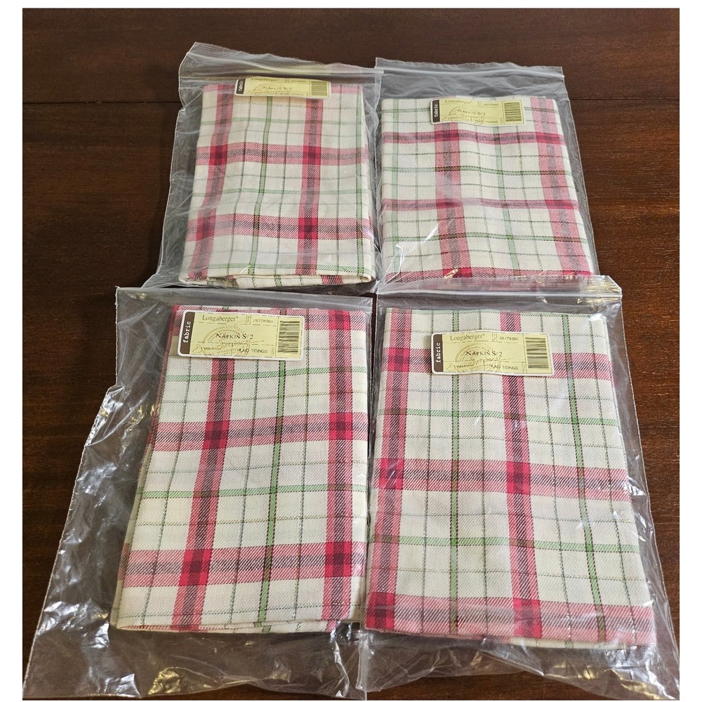 Longaberger Napkins Home 8pc Red Green Plaid Tidings Holiday Metallic Set